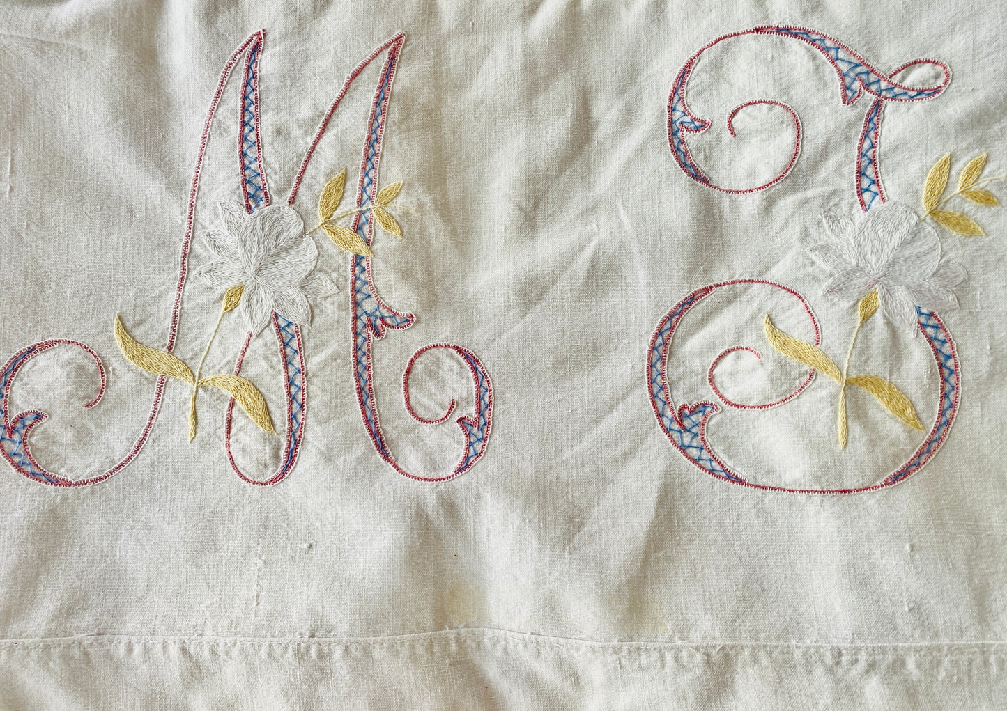 vintage hand embroidered top sheet, MT